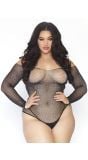 Plus Size Strass Visnet Body met Lange Mouwen Zwart