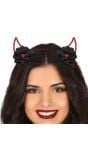 Rode duivel horen haarband met zwarte bloem halloween