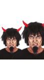 Zwarte duivel pruik met rode horens halloween