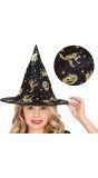 Zwarte heksenhoed met gouden halloween figuren kind