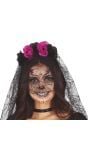 Zwart/paarse bloemen diadeem met sluier
