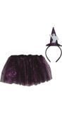 Zwart/paarse tutu met geestenhoed haarband kind 30 cm halloween