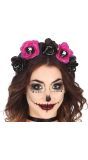 Zwart/roze bloemen Día de Muertos haarband