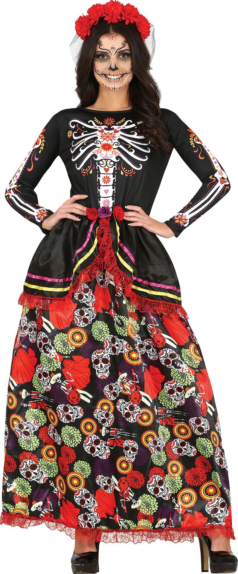 FIESTAS GUIRCA Day of the Dead - Lange jurk met doodshoofdprint en bloemen hoofdband verkleedkostuum volwassen vrouw maat S 8-10