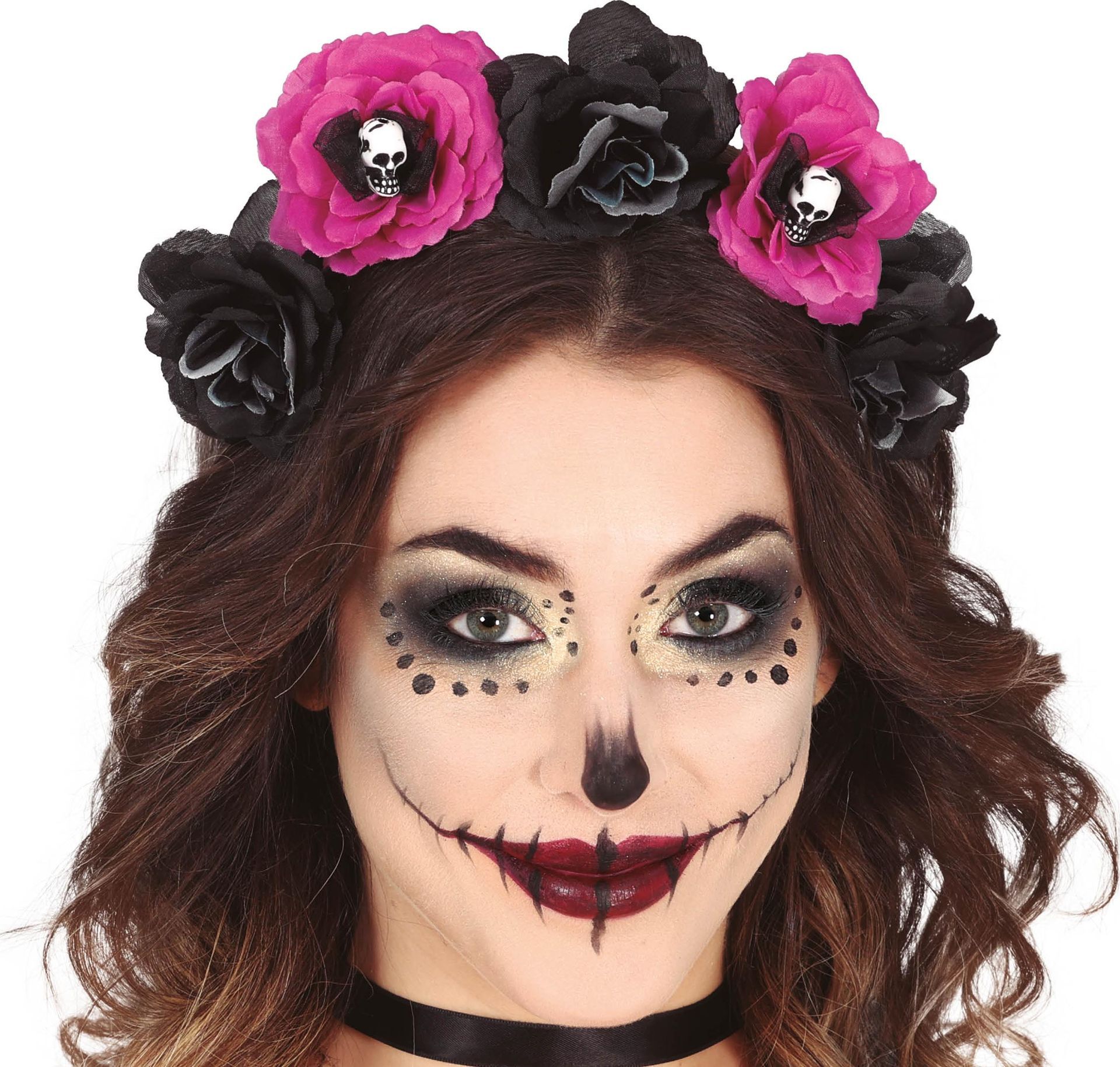 KIMU Haarband Skull Rode Rozen - Skelet Bloemen Diadeem - Halloween Dia De Los Muertos
