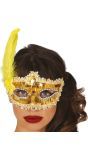 Gouden glimmend oogmasker met veer