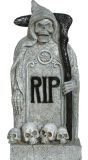 Grafsteen magere hein met zeis en schedels grijs 19 x 10 cm halloween