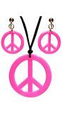 Hippie oorbellen en ketting neon roze