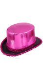 Hoge hoed met pailletten rand roze