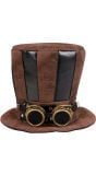 Hoge steampunk hoed met bril bruin