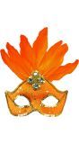 Neon oranje braziliaans oogmasker met parels en veren