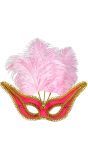 Roze oogmasker met veren en gouden rand
