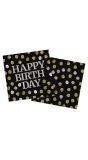 Servetten glossy happy birthday zwart 20 stuks