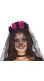 Zwart/paarse bloemen diadeem met sluier
