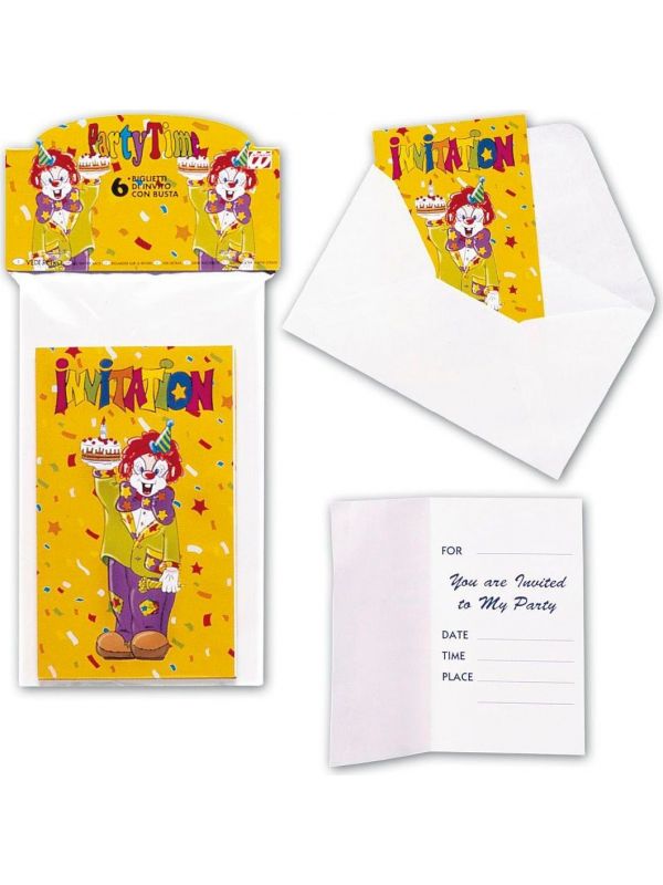 6 Clowns invitatiekaarten met envelop