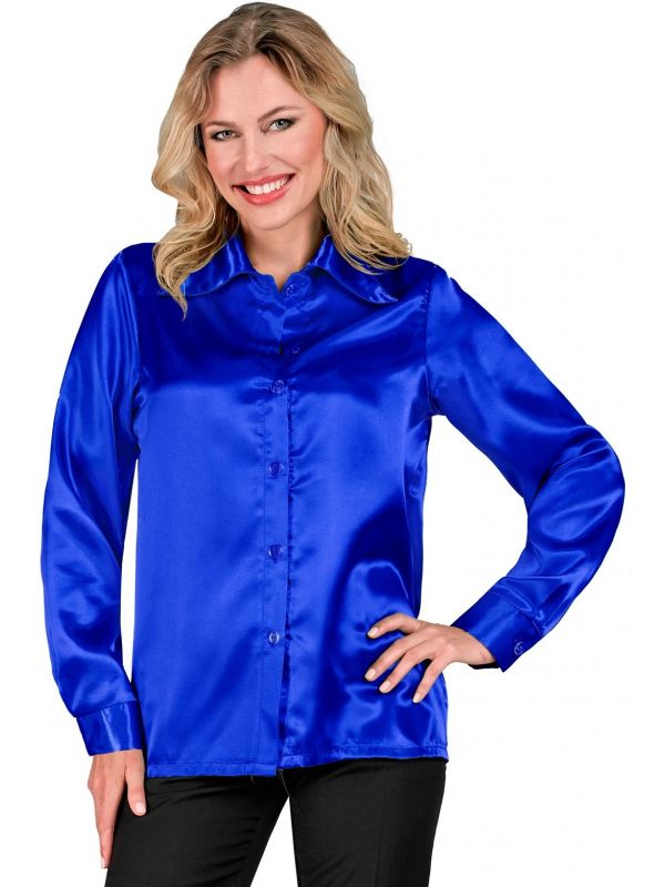 70s disco blouse satijn blauw vrouwen
