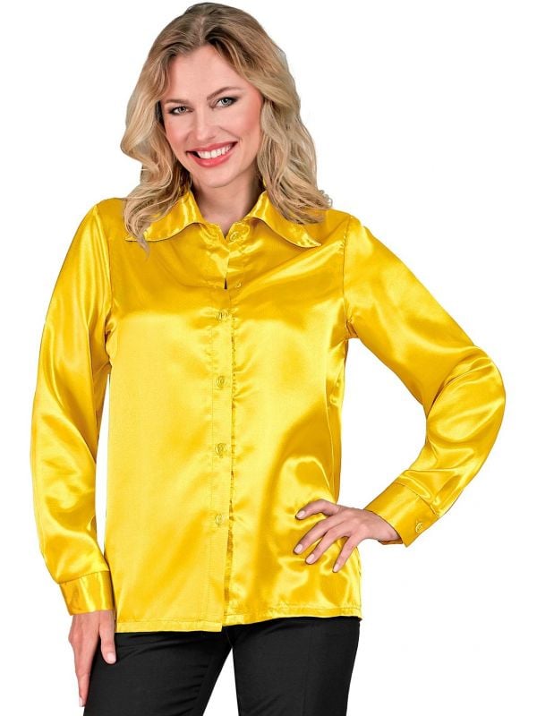 70s disco blouse satijn geel vrouwen