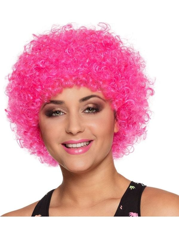 Afro pruik neon roze poppy