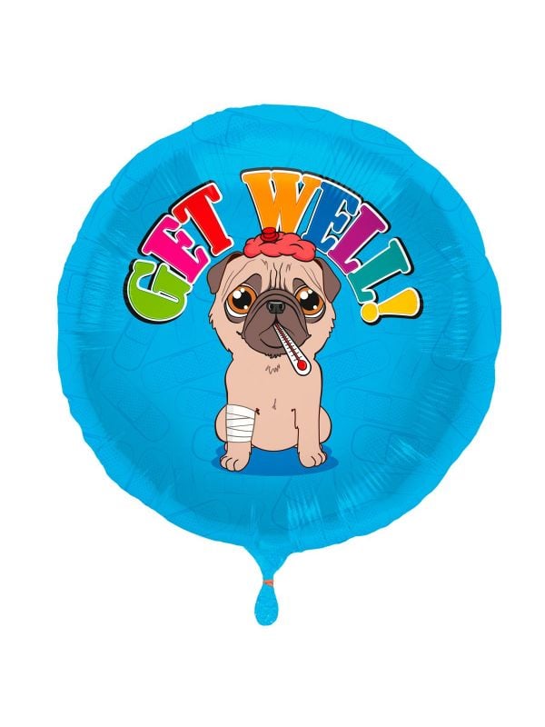 Blauwe beterschap met pug wens folieballon