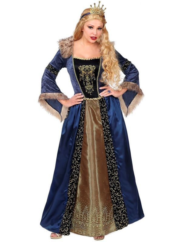 Blauwe koninginnen jurk middeleeuwen