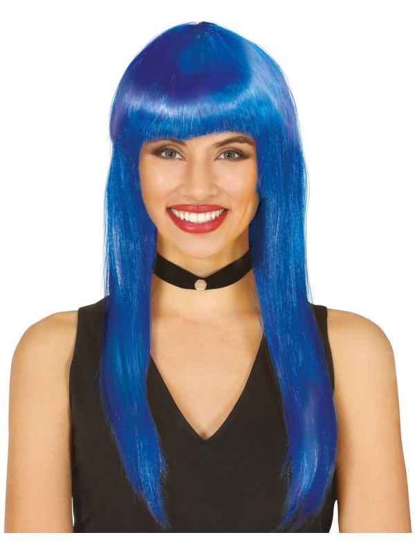 Blauwe lange pruik met pony main product photo
