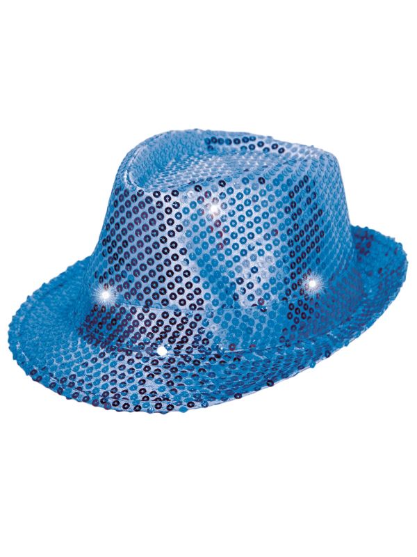 Blauwe party glitter LED trilby hoed main product photo
