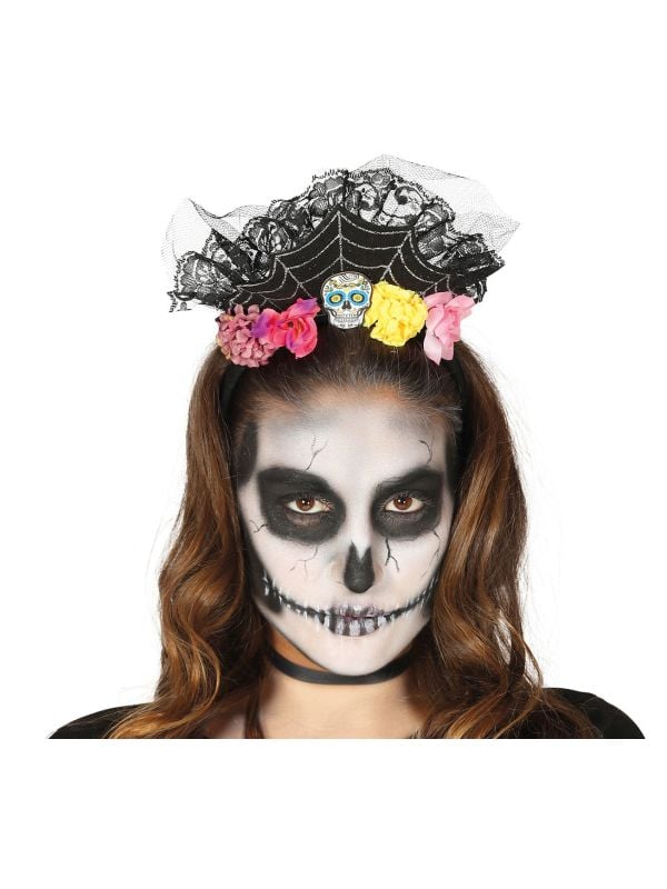 Bloemen en schedel haarband day of the dead main product photo