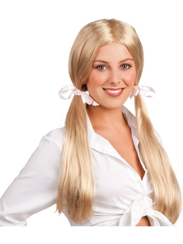 Blond schoolmeisje pruik met strikjes