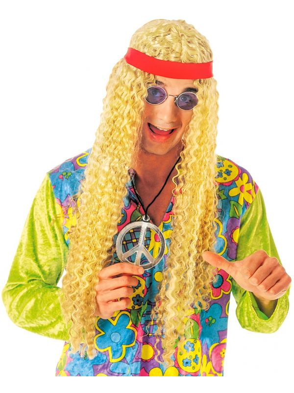 Blonde hippie pruik met rode hoofdband