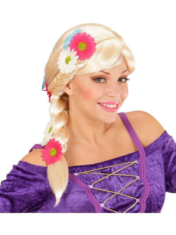 Blonde Rapunzel pruik met bloemen