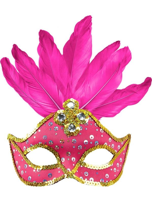 Braziliaans carnaval masker roze met veren