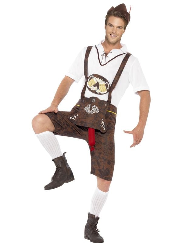 Bruine lederhosen outfit met braadworst