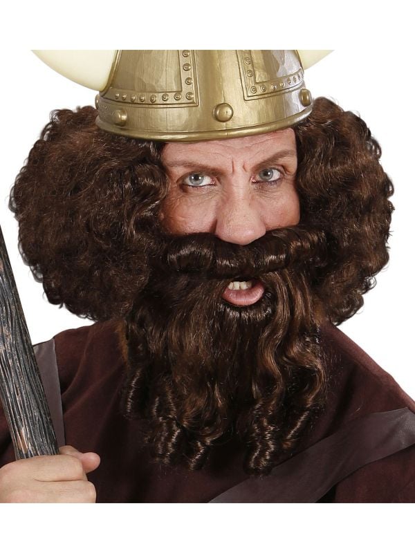 Bruine viking pruik met baard