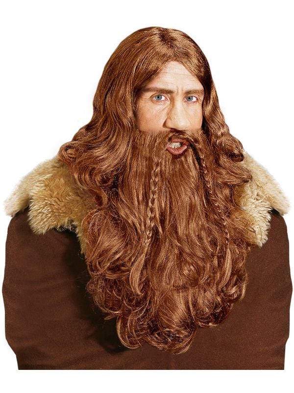 Bruine viking pruik met baard en snor