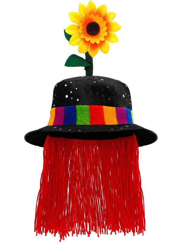 Clown hoed zwart met haar en bloem