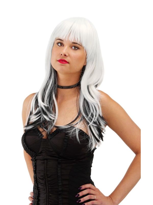 Cruella pruik wit zwart met pony