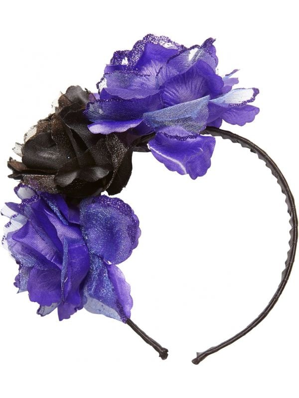 Day of the dead hoofdband met paars-zwarte rozen
