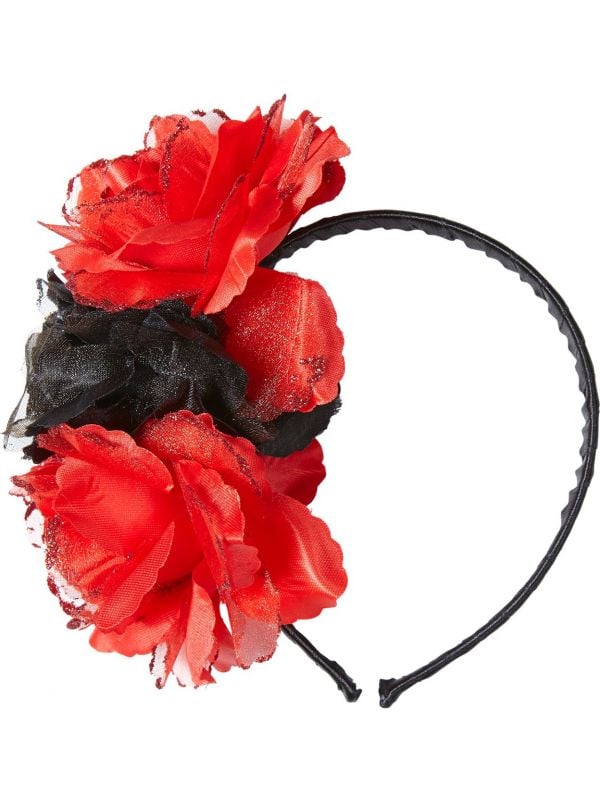 Day of the dead hoofdband met rood-zwarte rozen