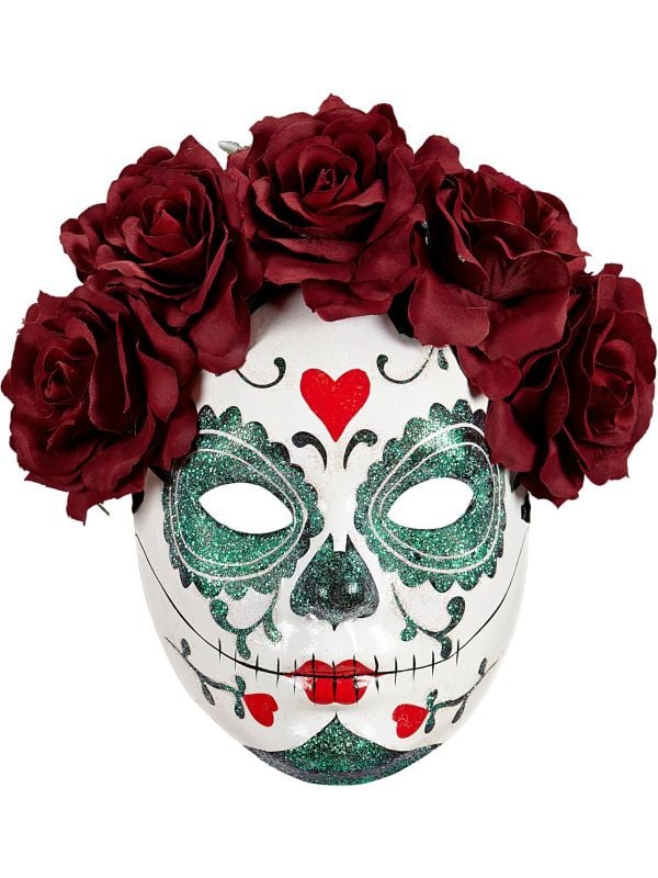 Day of the dead masker met bordeauxrode rozen