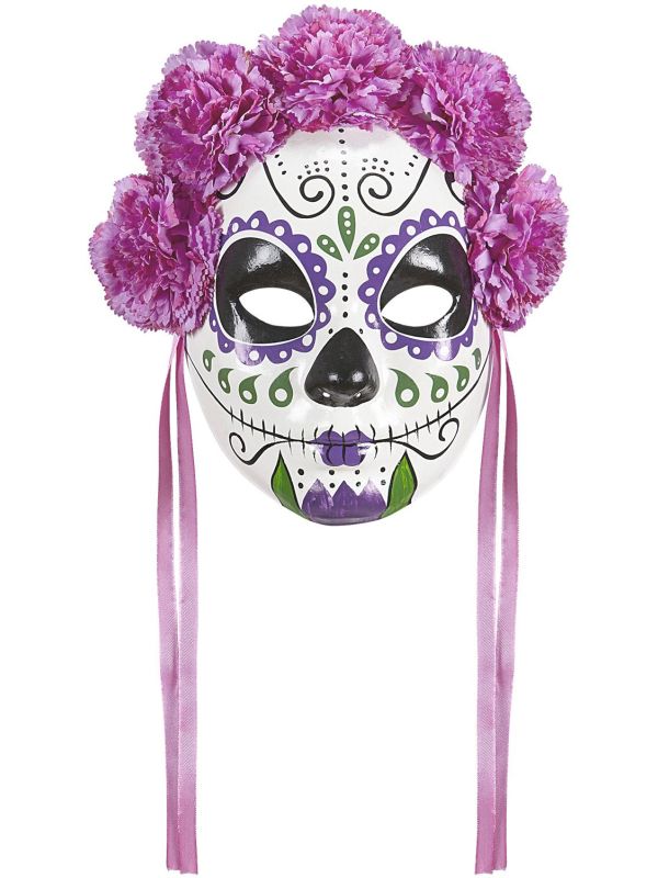 Day of the dead masker met paarse rozen