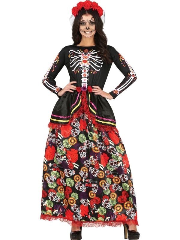 Dia de los muertos jurk skelet bloemen outfit dames