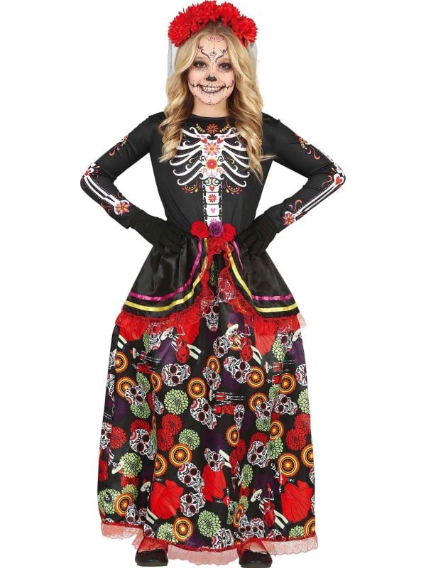 Dia de los muertos jurk skelet bloemen outfit meisjes