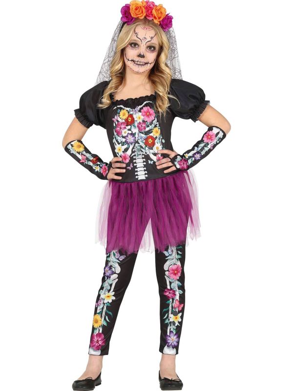 Dia de los muertos skelet bloemen outfit meisjes