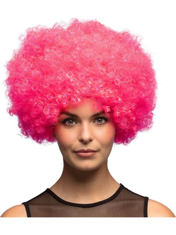 Disco afro pruik neon roze