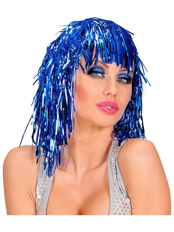 Disco tinsel pruik blauw