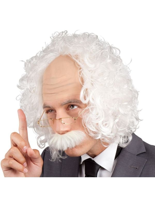 Einstein witte pruik met snor en bril