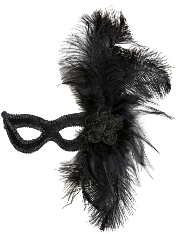 Fluwelen oogmasker met roos en veren zwart main product photo