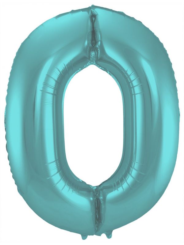 Folieballon cijfer 0 metallic pastel aqua blauw 86cm