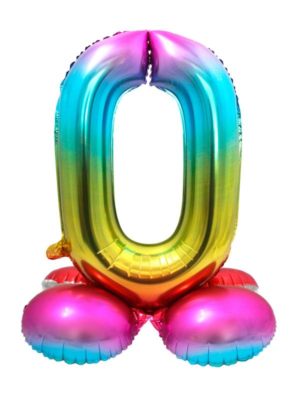Folieballon cijfer 0 regenboog met standaard 72cm