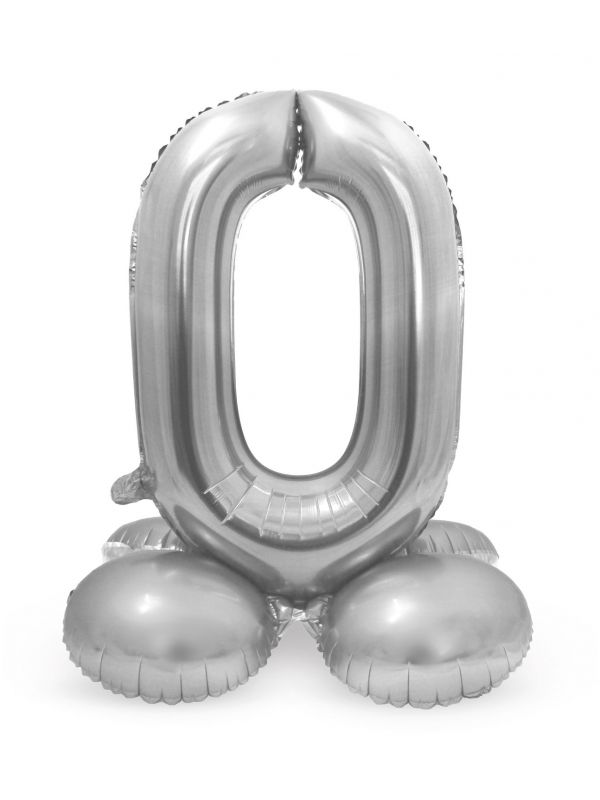 Folieballon cijfer 0 zilver met standaard 72cm